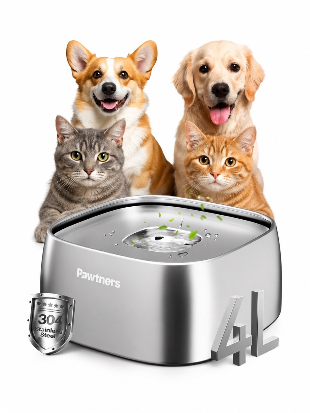 PAWTNERS All Stainless Steel Pet Water Bowl No Spill, 135oz